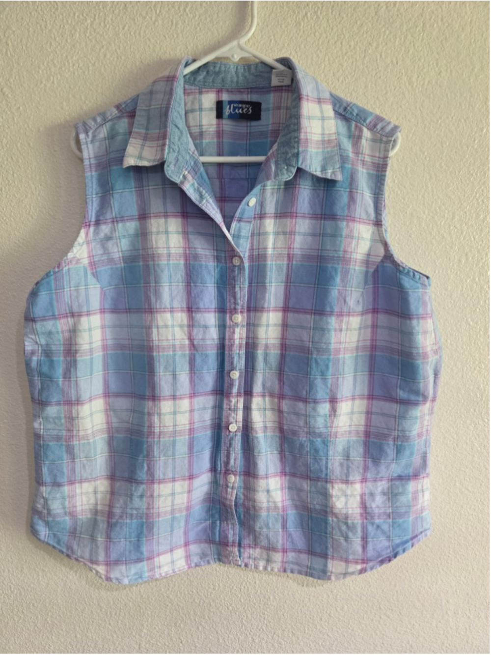 Wrangler Blues Women’s XXL Sleeveless Button Front Plaid Blouse Blue Pink
